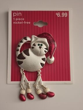 Festive Red and Silver Cat Holiday Pin